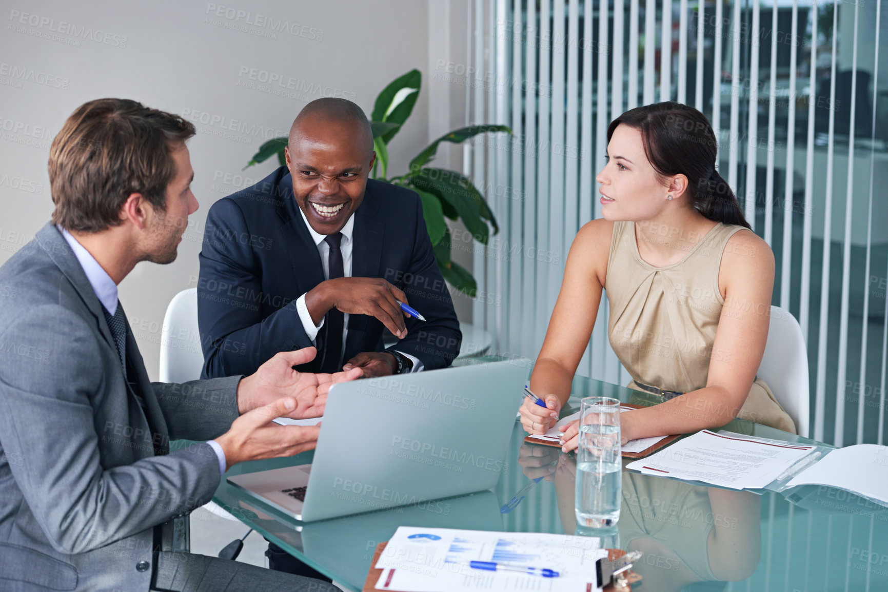 Buy stock photo Accounting, laughing or business people on laptop in meeting for report, teamwork or planning for project. Happy, collaboration or accountant with financial advisor, diversity or documents in office