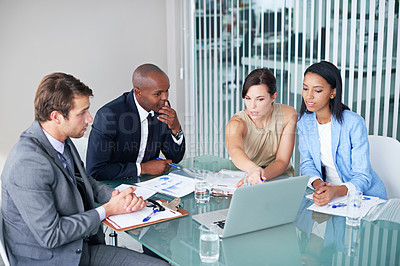 Buy stock photo Laptop, problem solving and business team in a meeting in the office planning corporate project. Discussion, teamwork and professional employees working in collaboration in workplace conference room.
