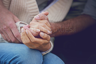 Buy stock photo Couple, holding hands and closeup with love and support with empathy for illness, diagnosis and cancer. Solidarity, man and woman with gratitude, hope or respect for partner with crisis in health 
