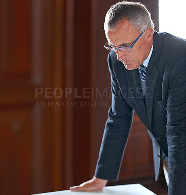 Buy stock photo Senior businessman, office or thinking of corporate idea, strategy or project planning for a solution. Thoughts, mature manager or serious CEO by table contemplating company finance, ideas or mission