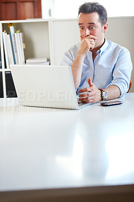 Buy stock photo Business man, laptop and stress with shock, fail or financial depression for mistake, budget or bad news. Accountant, computer and crisis with anxiety, thinking and fear for debt, bankruptcy and wow