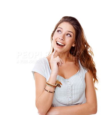 Buy stock photo Thinking, mockup and smile with woman and idea for question, product and deal choice. Why, solution and sale with female wondering for beauty, decision or planning isolated on white background studio