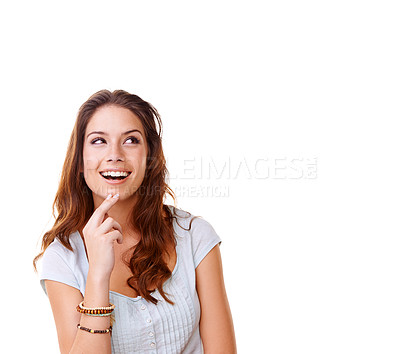 Buy stock photo Thinking, mockup and smile with woman and idea for question, product and deal choice. Why, solution and sale with girl model wondering for beauty, decision and planning in white background studio