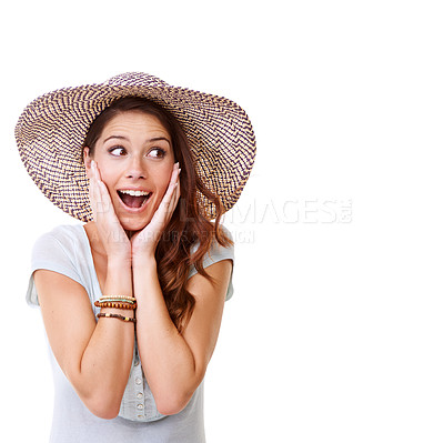 Buy stock photo Woman, surprise and happy in studio with hat for summer, fashion or excited for holiday travel. Girl model, isolated or wow on face, smile or clothes on vacation with mockup space on white background