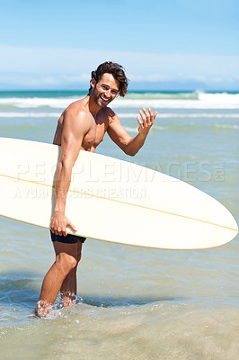 Buy stock photo Beach sports, surf portrait and happy man with come gesture for water activity, training or ocean wellness. Surfboard, nature cardio and surfer invitation for exercise, workout or sea adventure