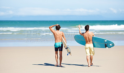 Buy stock photo Surf, walking and beach sports people, friends or men travel on sand to ocean waves, sea water or nature mockup. Surfboard, surfing partner and back of surfer for vacation, wellness and adventure