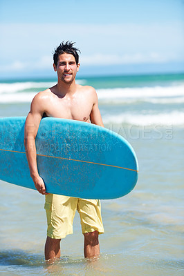 Buy stock photo Man, surf and portrait for workout, training and waves with water sport and exercise outdoor of athlete. Surfer, freedom and vacation by the ocean and beach for summer wellness and fitness in nature
