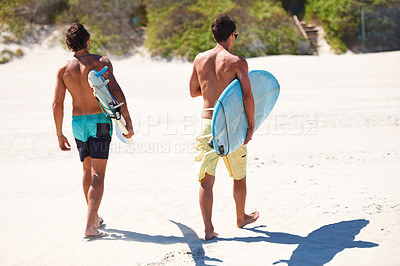 Buy stock photo Surfing, back and men friends at a beach for fitness, adventure or training in nature together. Travel, freedom and surfer people walking at sea for water sports, bonding and summer vacation in Bali