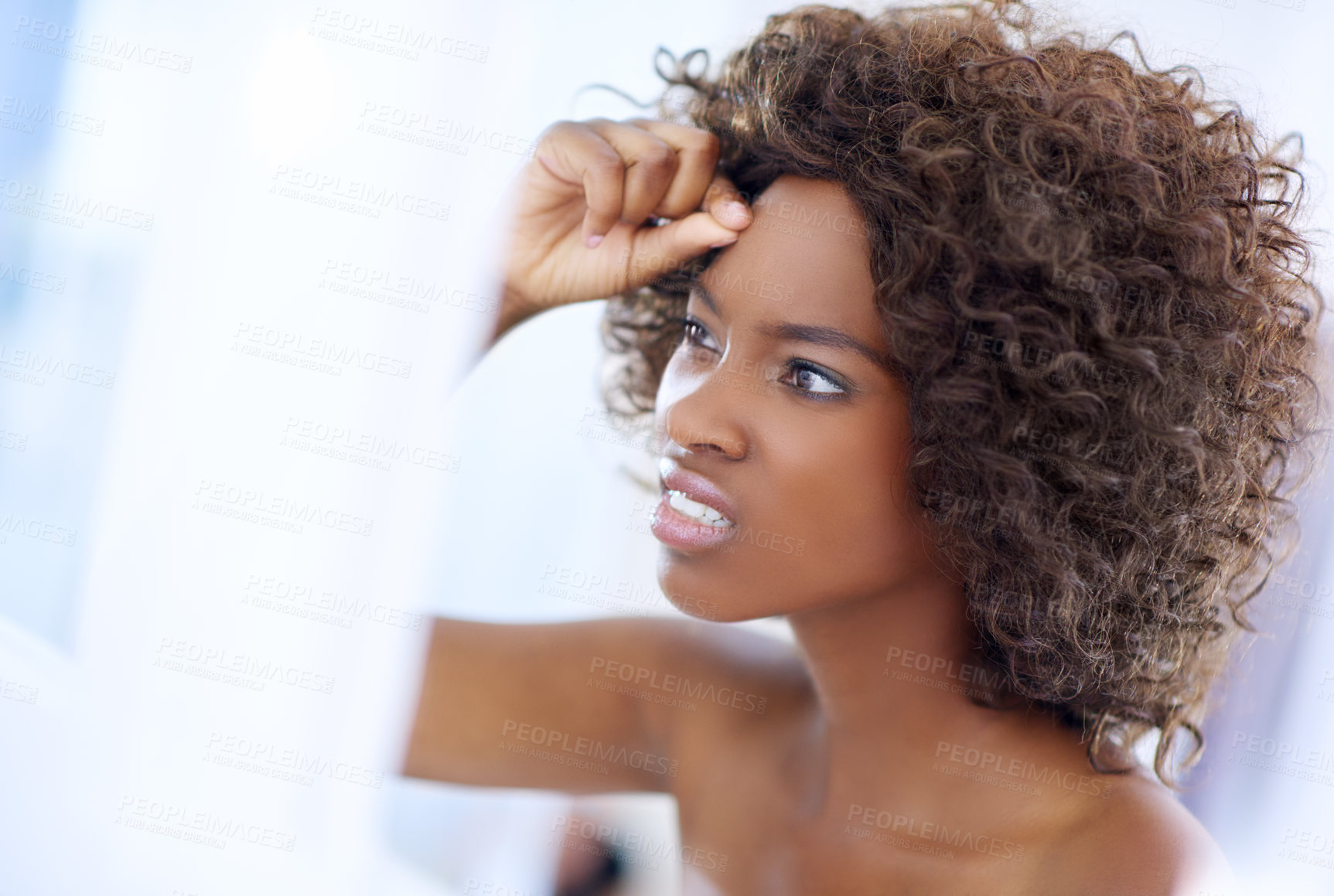 Buy stock photo Black woman, mirror and check for pimple in bathroom, morning or stress for acne in home for beauty. Girl, person and frustrated with skincare, dermatology and worry with allergy for makeup in house