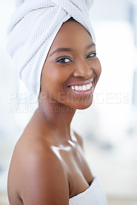 Buy stock photo Happy, portrait and black woman in bathroom for beauty, shower or self care routine in morning. Towel, fresh and African female person with clean, smooth and flawless skin for hygiene at home.