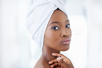 Buy stock photo Skincare, spa and portrait of black woman, confident and routine for soft, smooth and beauty in home. Morning, treatment and dermatology for skin, model and person with towel or cosmetics in bathroom