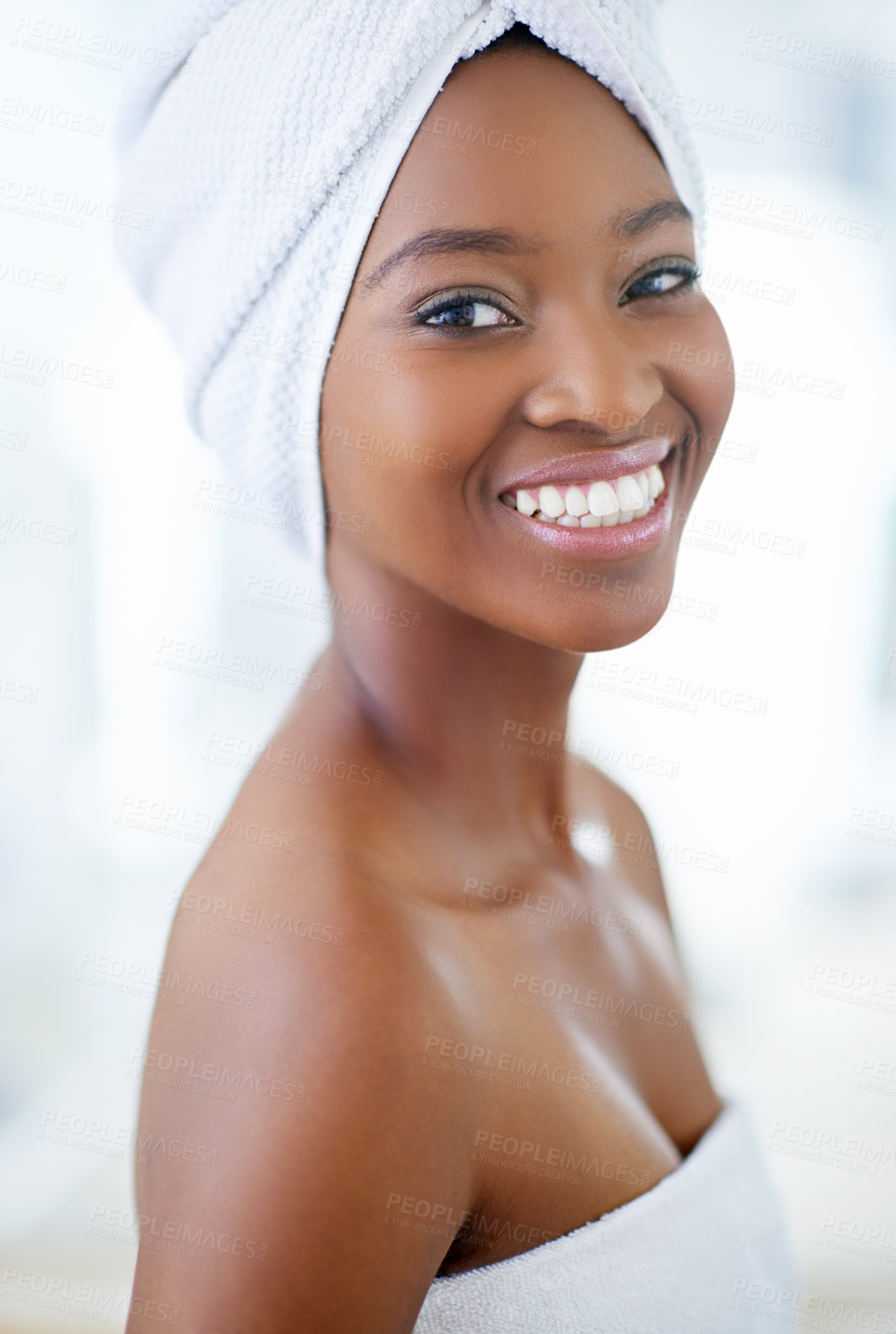 Buy stock photo Skincare, smile and portrait of black woman, confident and routine for soft, smooth or beauty in home. Morning, treatment and dermatology for skin, model or person with towel or cosmetics in bathroom