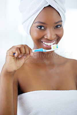 Buy stock photo Dental health, portrait and black woman with toothbrush in bathroom for fresh breath routine. Happy, oral care and African person cleaning teeth for cavity, plaque and gum disease prevention at home.