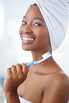 Buy stock photo Dental care, portrait and black woman with toothbrush in bathroom for fresh breath routine. Happy, oral health and African person cleaning teeth for cavity, plaque and gum disease prevention at home.