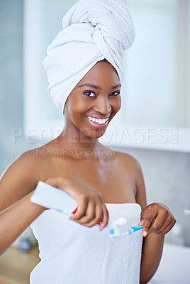 Buy stock photo Bathroom, happy and portrait of black woman with toothbrush for dental hygiene, brushing teeth and cleaning. Health, home and person for oral care, toothpaste and grooming for morning routine