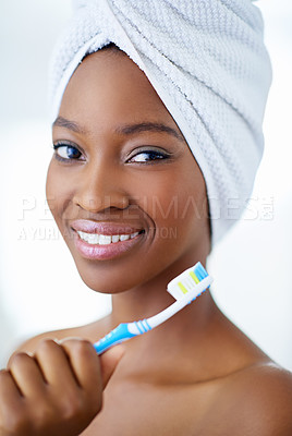 Buy stock photo Happy, portrait and black woman with toothbrush in bathroom for fresh breath routine. Dental, oral care and African person cleaning teeth for cavity, plaque and gum disease prevention at home.