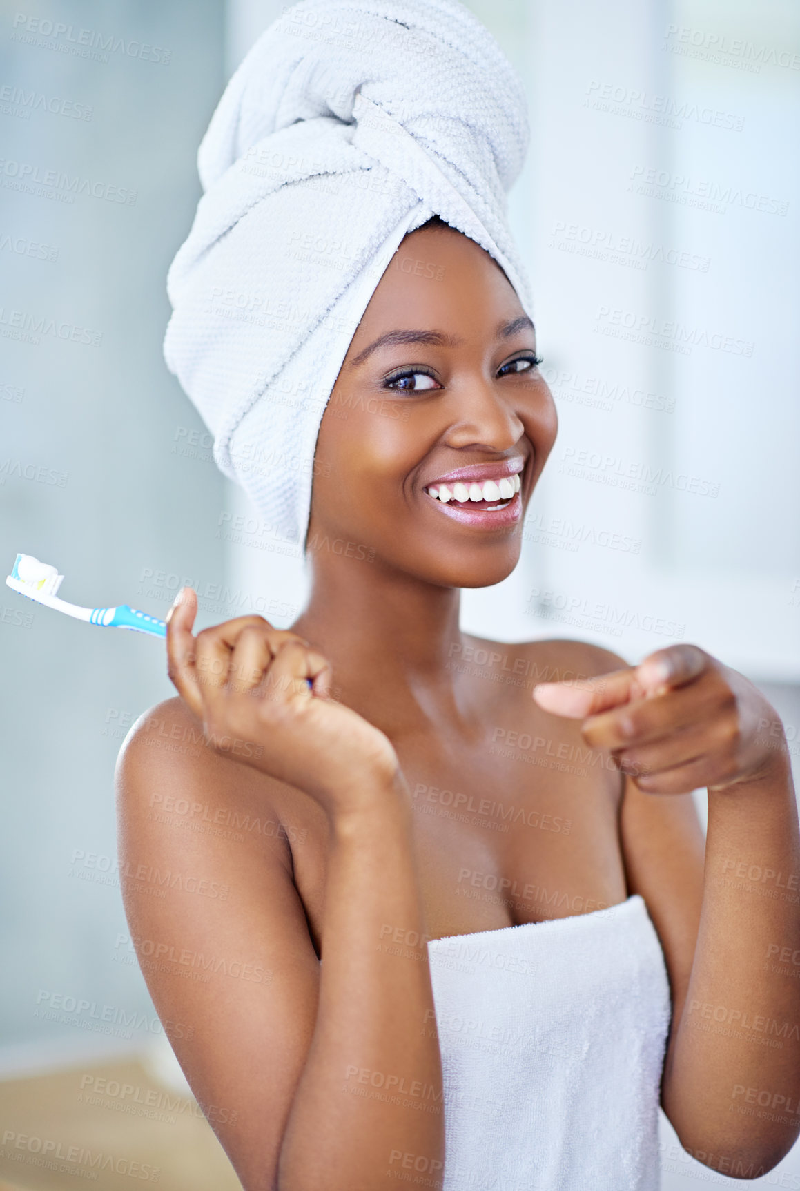 Buy stock photo Black woman, portrait and happy with toothbrush in home with point at you in morning for results. Girl, smile and teeth whitening invite with oral wellness, routine and dental cleaning with choice