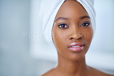 Buy stock photo Beauty, self care and portrait of black woman in bathroom for shower, cosmetics and diy skincare treatment. Glow, dermatology and morning with person at home for relax, pamper and shine facial