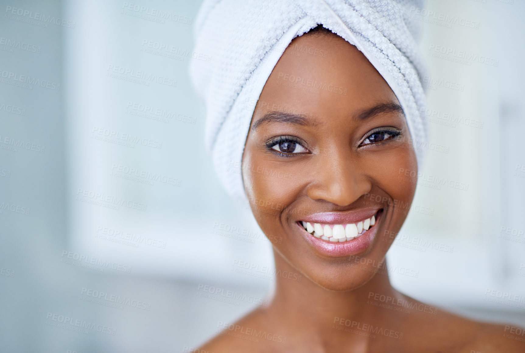 Buy stock photo Happy, skincare and portrait of black woman in bathroom for shower, beauty cosmetics and diy spa treatment. Self care, dermatology and morning glow with person at home for relax, pamper and shine