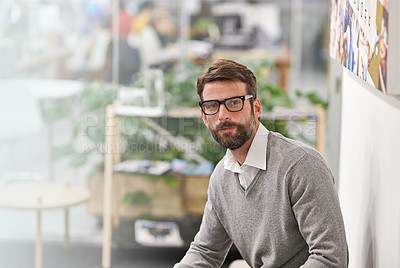 Buy stock photo Office, business and portrait of man in creative workspace for career, job and working at startup company. Professional worker, entrepreneur and confident person with opportunity, pride and ambition