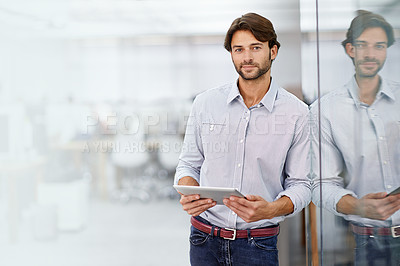 Buy stock photo Office, tablet and portrait of business man online for internet, networking and connection. Company, professional and confident person on digital technology for planning, research or website review