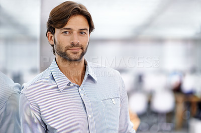 Buy stock photo Businessman, portrait and confident in office as professional and happy in career as designer. Male entrepreneur, pride face and commitment to creativity in job and glass for reflection in workplace