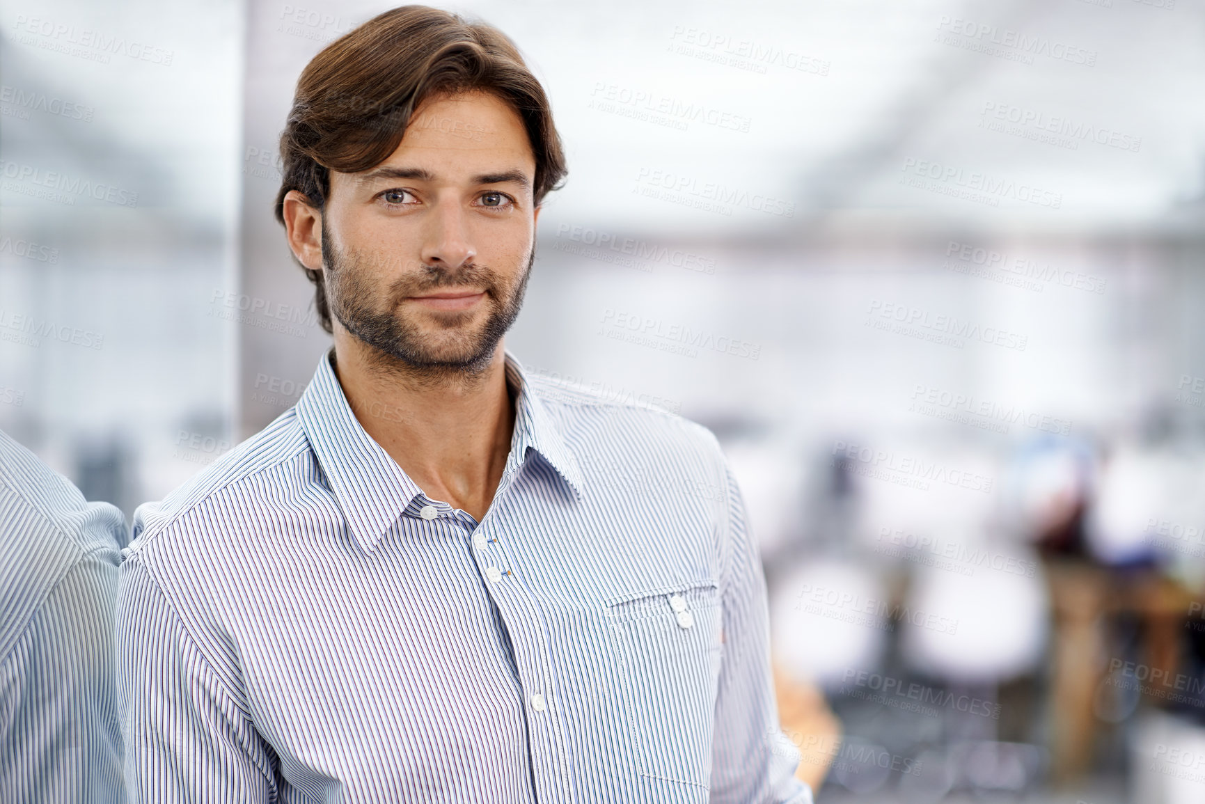 Buy stock photo Businessman, portrait and confident in office as professional and happy in career as designer. Male entrepreneur, pride face and commitment to creativity in job and glass for reflection in workplace