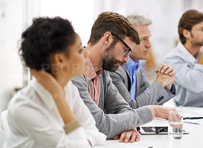 Buy stock photo Seminar, staff and business man with tablet in a professional meeting and workshop in office. Planning, listening and employee in a startup company for website development in a workplace together