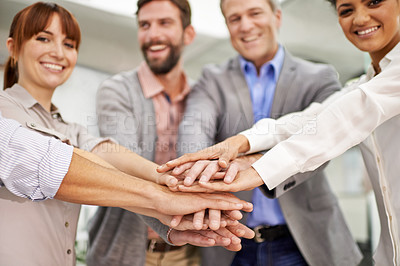 Buy stock photo Teamwork, smile and business people with hands in huddle at office for meeting, motivation or support. Collaboration, goals and target with happy employee group in workplace for celebration of bonus