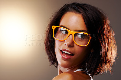 Buy stock photo Woman, glasses or thinking of hair care, idea or styling of planning, style on studio mockup. Girl, memory or vision of eureka, aha or solution to question of shine, glow or smooth brown background