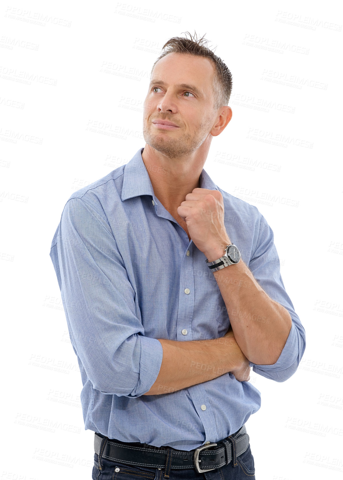 Buy stock photo Thinking, leadership and business man in studio isolated on a white background with success mindset, vision and mission. Ceo, boss or confident mature male from Canada with ideas for goals or targets