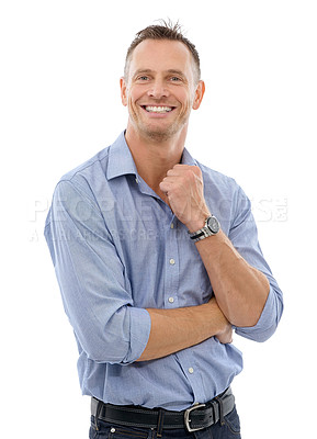 Buy stock photo Portrait, ceo and business man in studio isolated on a white background with success mindset, vision and mission. Entrepreneur goals, boss and smile of confident, mature and happy male from Canada.