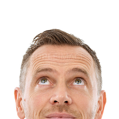 Buy stock photo Man face, looking up and mockup space for thinking, advertising or promotion isolated on a white background. Person with copyspace idea for logo, brand or barber sale with eyes and studio headshot