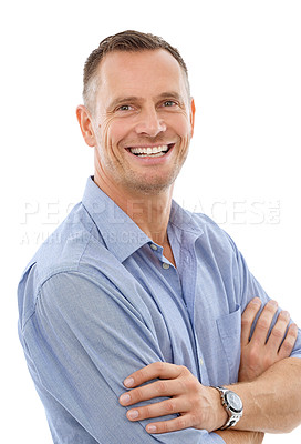 Buy stock photo Business man, happy in portrait with arms crossed and smile, career success and leader isolated on white background. Male, positive mindset in studio and leadership with professional growth 