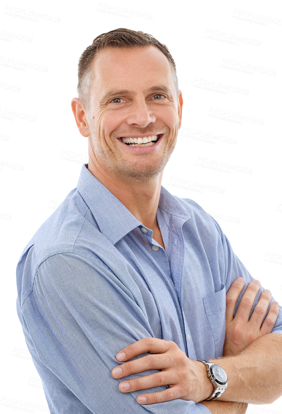 Buy stock photo Business man, happy in portrait with arms crossed and smile, career success and leader isolated on white background. Male, positive mindset in studio and leadership with professional growth 