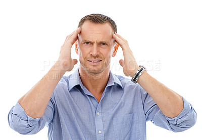 Buy stock photo Portrait, headache and stress of business man in studio with migraine isolated on a white background. Mental health, burnout and face of mature male entrepreneur with anxiety, pain or depression.