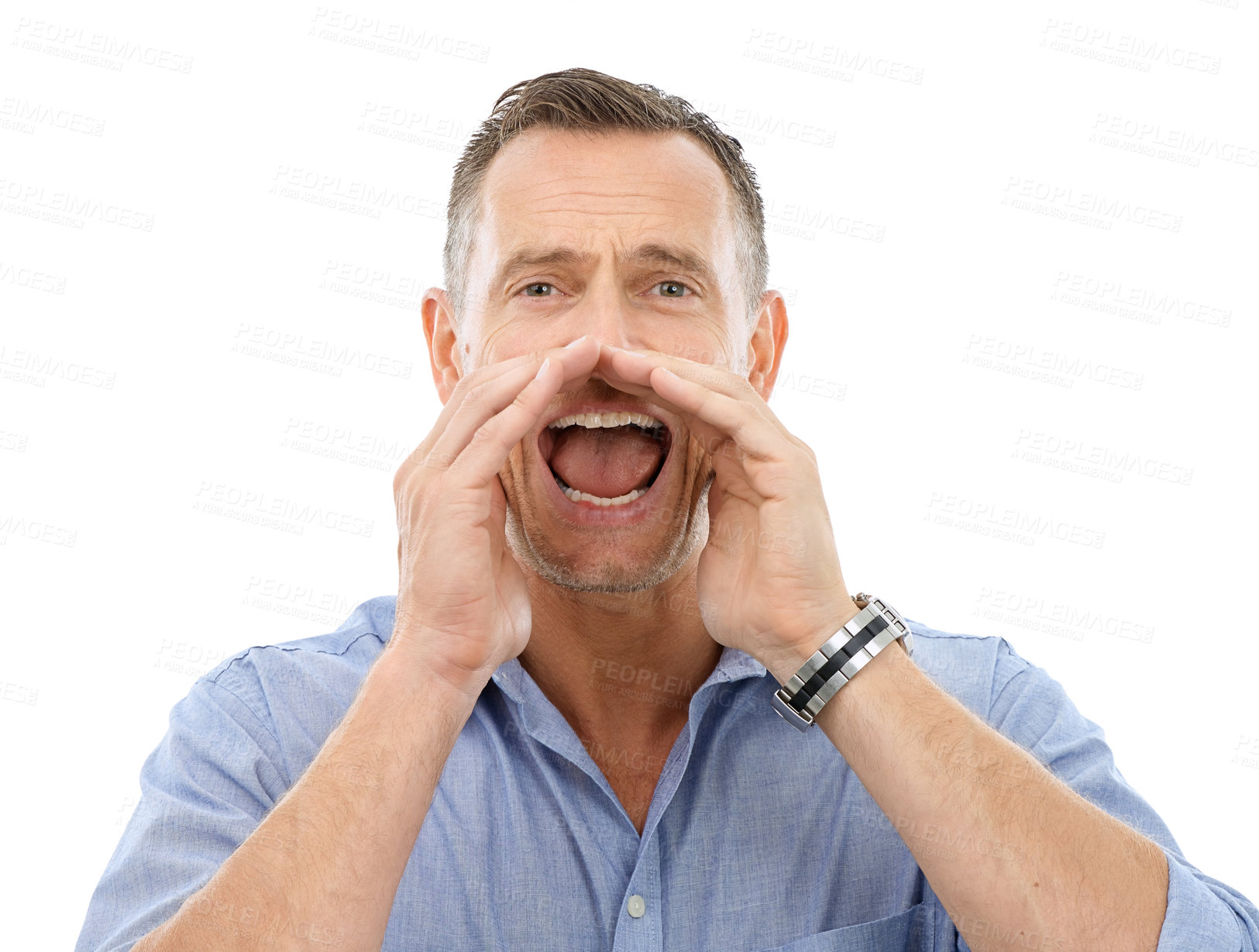 Buy stock photo Shouting, yelling and portrait of a man with an announcement isolated on a white background. Screaming, crazy and businessman cupping hands for gossip, conversation or communication on a backdrop