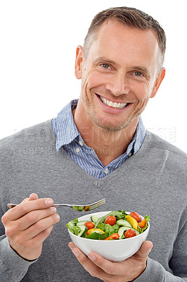 Buy stock photo Salad, vegetables and and portrait of a man with bowl for diet and wellness isolated on a white background. Happy model person with vegan nutrition food for healthy lifestyle, motivation and health