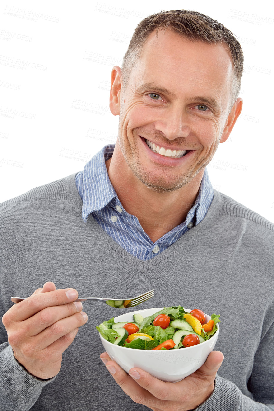 Buy stock photo Salad, vegetables and and portrait of a man with bowl for diet and wellness isolated on a white background. Happy model person with vegan nutrition food for healthy lifestyle, motivation and health