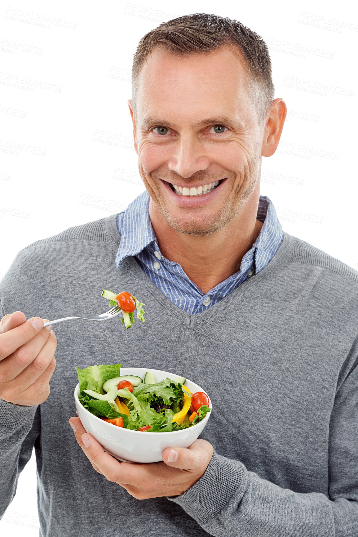 Buy stock photo Man, green salad and portrait for health, diet and wellness isolated on a white background. Happy model person with vegan nutrition food bowl for healthy lifestyle, motivation and eating vegetables