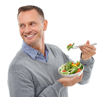 Buy stock photo Man with salad, vegetables and smile while eating, healthy lifestyle with vegan and diet isolated on white background. Happy person, food wellness and nutrition, health and organic vegetable meal