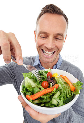 Buy stock photo Happy man, salad and vegetable in studio for healthy food with nutrition for health. Zoom of comic model person with vegan lunch or brunch bowl isolated on a white background with a fork for wellness