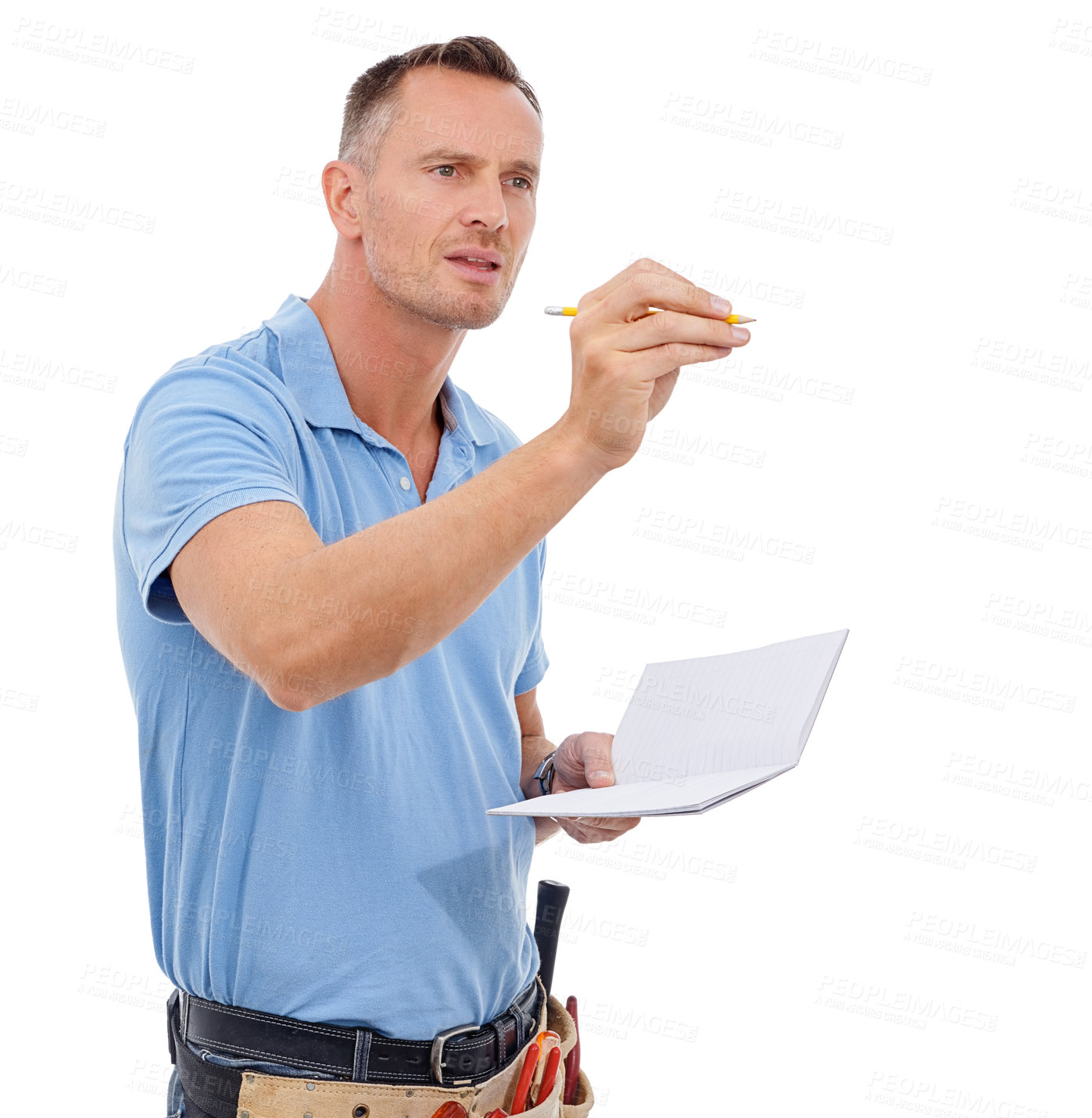 Buy stock photo Inspection, writing and contractor man isolated on a white background notebook, planning and project management. Professional construction worker, carpenter or handyman person mockup notes in studio