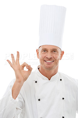 Buy stock photo Man, chef and OK hand sign with smile for perfection, approval or precision isolated on a white studio background. Portrait of happy culinary artist showing gesture for perfect, precise or like emoji