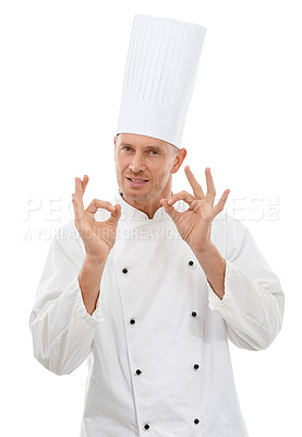 Buy stock photo Man, chef and hands in OK sign for perfection, approval or precision isolated on a white studio background. Portrait of happy culinary artist showing hand gesture for perfect, precise or just right