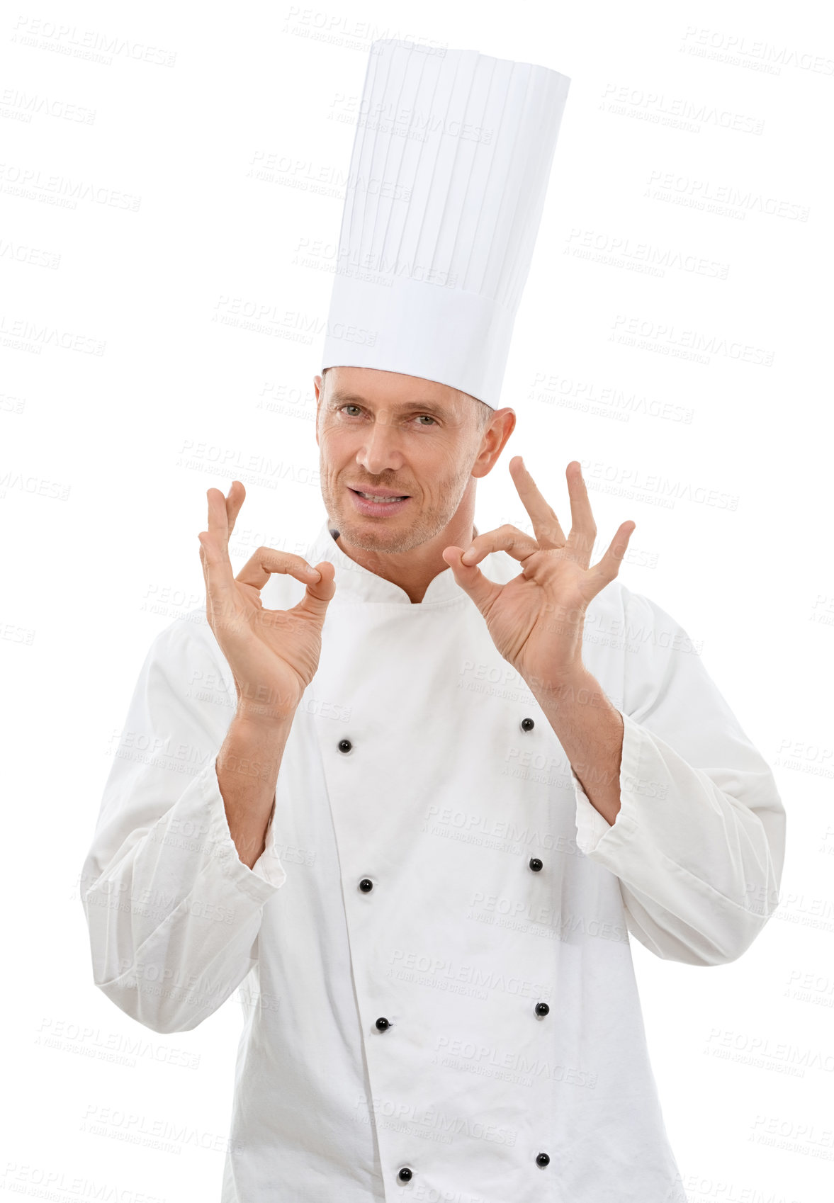 Buy stock photo Man, chef and hands in OK sign for perfection, approval or precision isolated on a white studio background. Portrait of happy culinary artist showing hand gesture for perfect, precise or just right