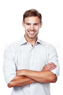 Buy stock photo Portrait, smile and confident business man in studio for career or job in Sweden isolated on a white background. Face, arms crossed and happy professional, entrepreneur or creative editor in startup