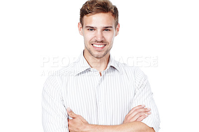 Buy stock photo Portrait, happy and confident business man in studio for career or job in Sweden isolated on a white background. Face, arms crossed and professional smile, entrepreneur or creative editor in startup