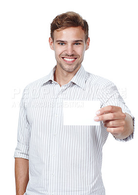 Buy stock photo Studio, blank card and portrait of man with mockup, introduction and isolated on white background. Signage, business offer and happy male person with paper for news, announcement or deal information
