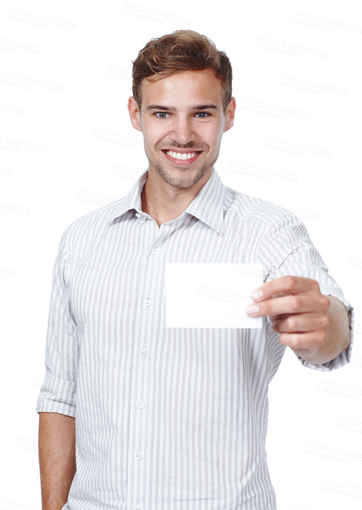 Buy stock photo Studio, blank card and portrait of man with mockup, introduction and isolated on white background. Signage, business offer and happy male person with paper for news, announcement or deal information